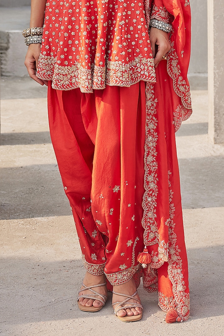 Coral Pure Silk Hand Embroidered Kurta Set by Sana Barreja at Pernia's Pop Up Shop