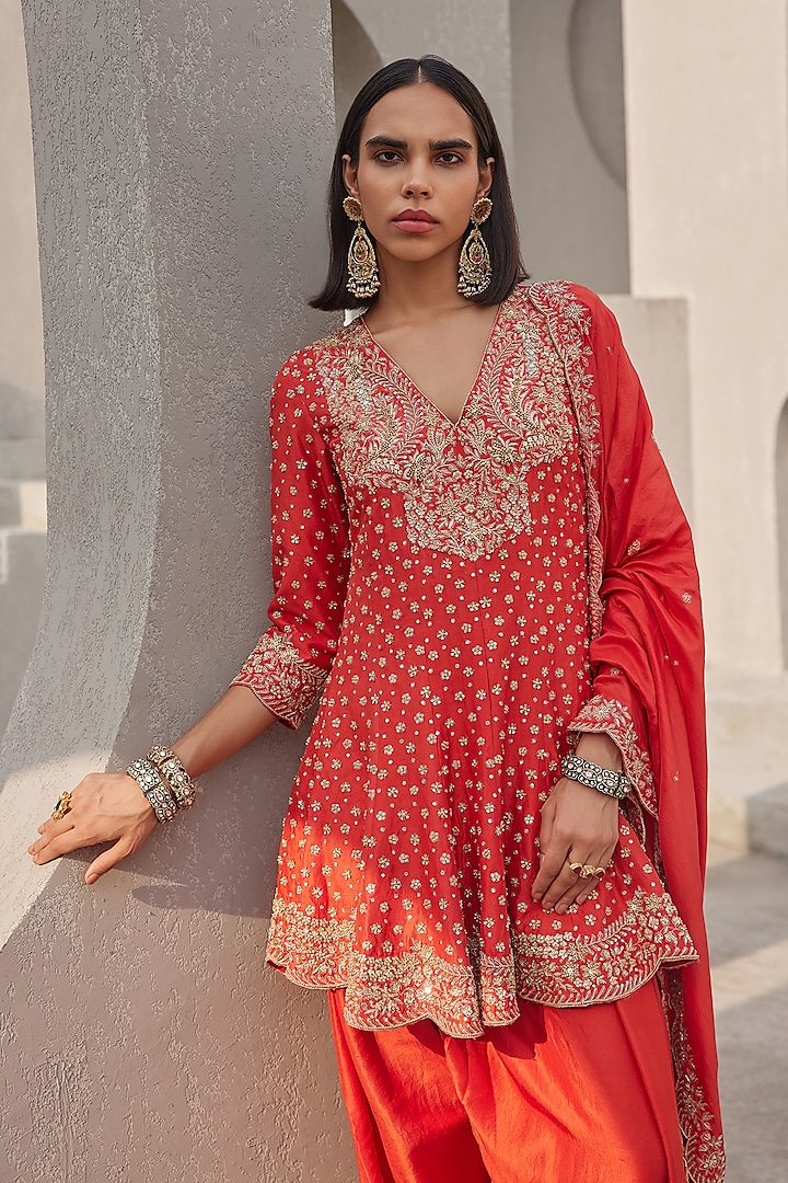 Coral Pure Silk Hand Embroidered Kurta Set by Sana Barreja at Pernia's Pop Up Shop