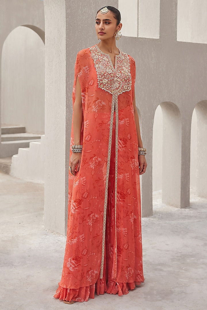 Coral Chiffon Floral Printed & Embroidered Cape Set by Sana Barreja at Pernia's Pop Up Shop