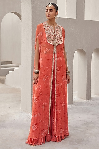 Coral Chiffon Floral Printed & Embroidered Cape Set by Sana Barreja