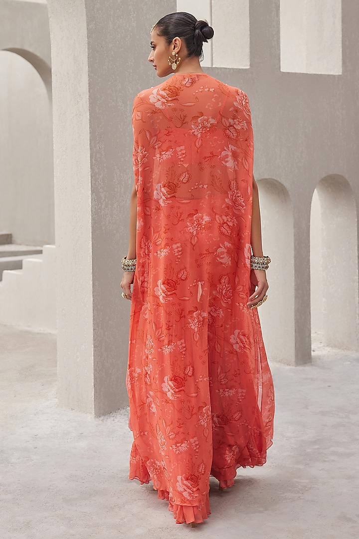 Coral Chiffon Floral Printed & Embroidered Cape Set by Sana Barreja at Pernia's Pop Up Shop