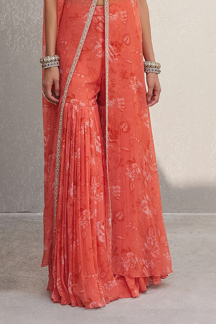 Coral Chiffon Floral Printed & Embroidered Cape Set by Sana Barreja at Pernia's Pop Up Shop