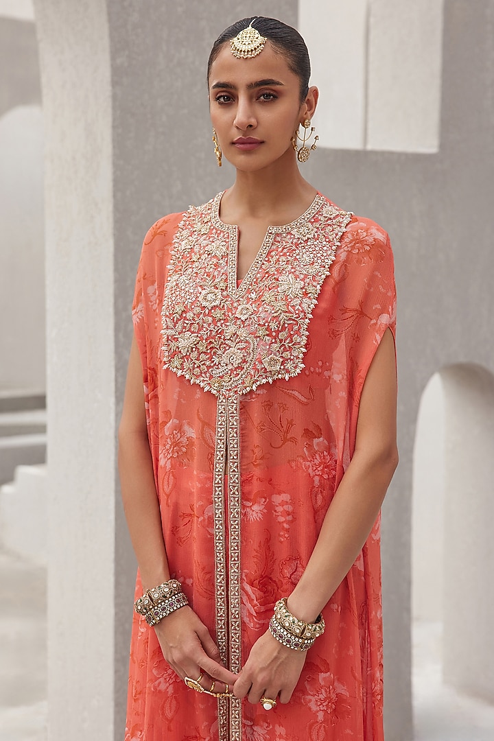 Coral Chiffon Floral Printed & Embroidered Cape Set by Sana Barreja at Pernia's Pop Up Shop
