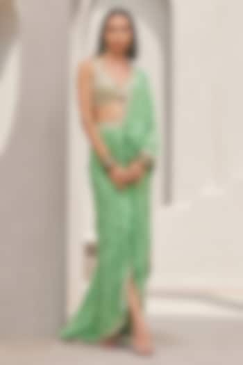 Pista Green Pure Silk Crepe Printed & Embroidered Pre-Draped Saree Set by Sana Barreja at Pernia's Pop Up Shop