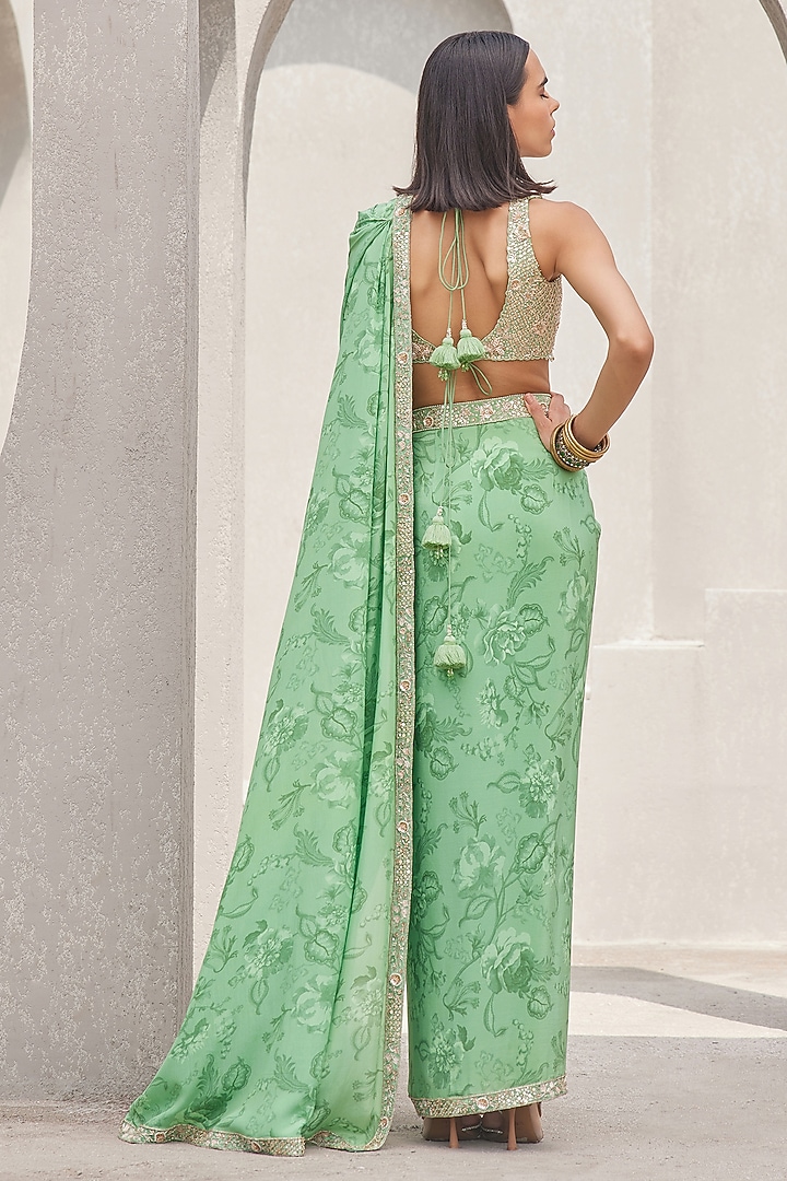 Pista Green Pure Silk Crepe Printed & Embroidered Pre-Draped Wedding Saree Set by Sana Barreja at Pernia's Pop Up Shop