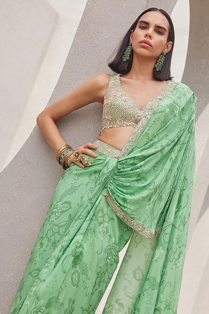 Pista Green Pure Silk Crepe Printed & Embroidered Pre-Draped Wedding Saree Set by Sana Barreja at Pernia's Pop Up Shop