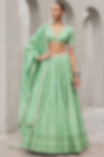 Pista Green Pure Chanderi Silk Floral Printed & Embroidered Wedding Lehenga Set by Sana Barreja at Pernia's Pop Up Shop