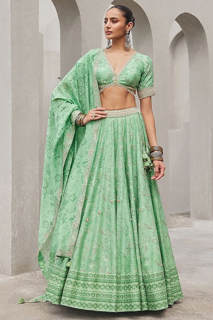 Pista Green Pure Chanderi Silk Floral Printed & Embroidered Wedding Lehenga Set by Sana Barreja at Pernia's Pop Up Shop