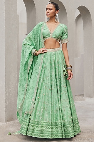 Pista Green Pure Chanderi Silk Floral Printed & Embroidered Lehenga Set by Sana Barreja