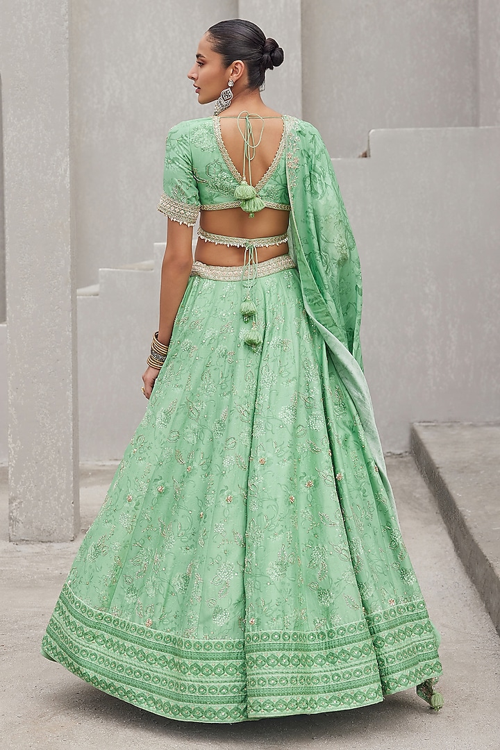 Pista Green Pure Chanderi Silk Floral Printed & Embroidered Wedding Lehenga Set by Sana Barreja at Pernia's Pop Up Shop