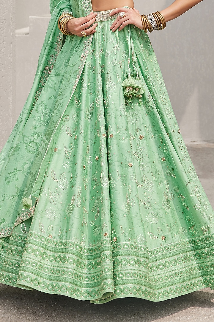 Pista Green Pure Chanderi Silk Floral Printed & Embroidered Wedding Lehenga Set by Sana Barreja at Pernia's Pop Up Shop