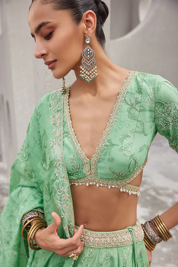 Pista Green Pure Chanderi Silk Floral Printed & Embroidered Wedding Lehenga Set by Sana Barreja at Pernia's Pop Up Shop