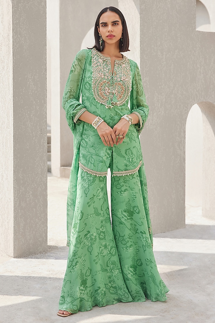 Pista Green Georgette Floral Printed Gharara Set by Sana Barreja at Pernia's Pop Up Shop