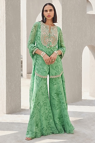 Pista Green Georgette Floral Printed Gharara Set by Sana Barreja