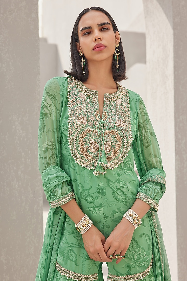 Pista Green Georgette Floral Printed Gharara Set by Sana Barreja at Pernia's Pop Up Shop