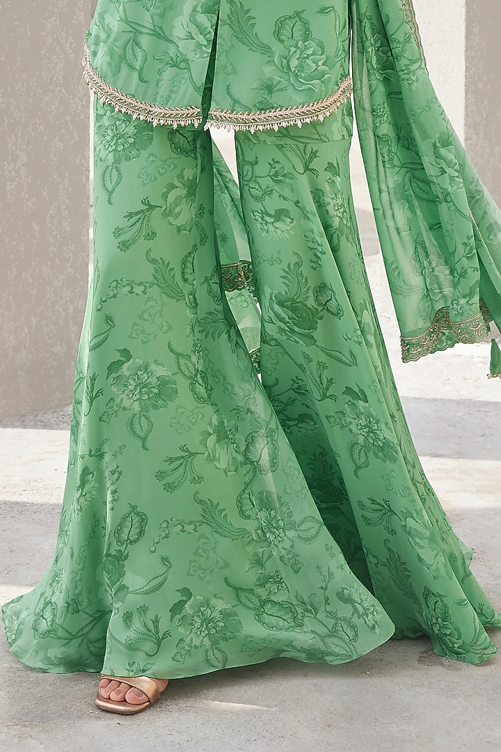 Pista Green Georgette Floral Printed Gharara Set by Sana Barreja at Pernia's Pop Up Shop