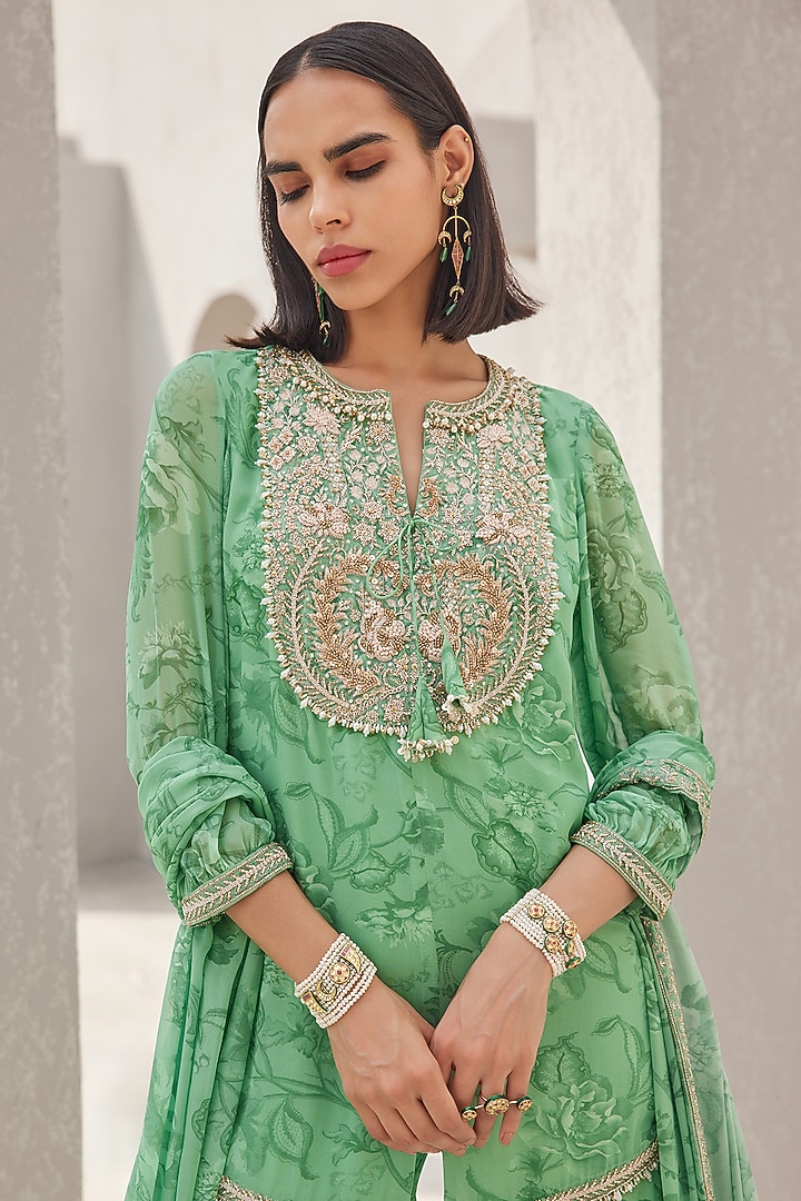 Pista Green Georgette Floral Printed Gharara Set by Sana Barreja at Pernia's Pop Up Shop