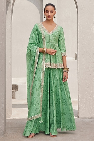 Pista Green Pure Silk Chanderi Floral Printed Sharara Set by Sana Barreja