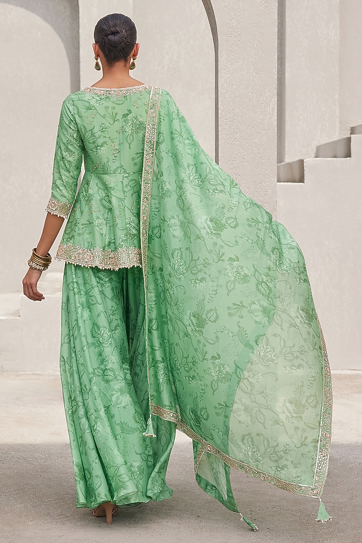 Pista Green Pure Silk Chanderi Floral Printed Wedding Sharara Set by Sana Barreja at Pernia's Pop Up Shop