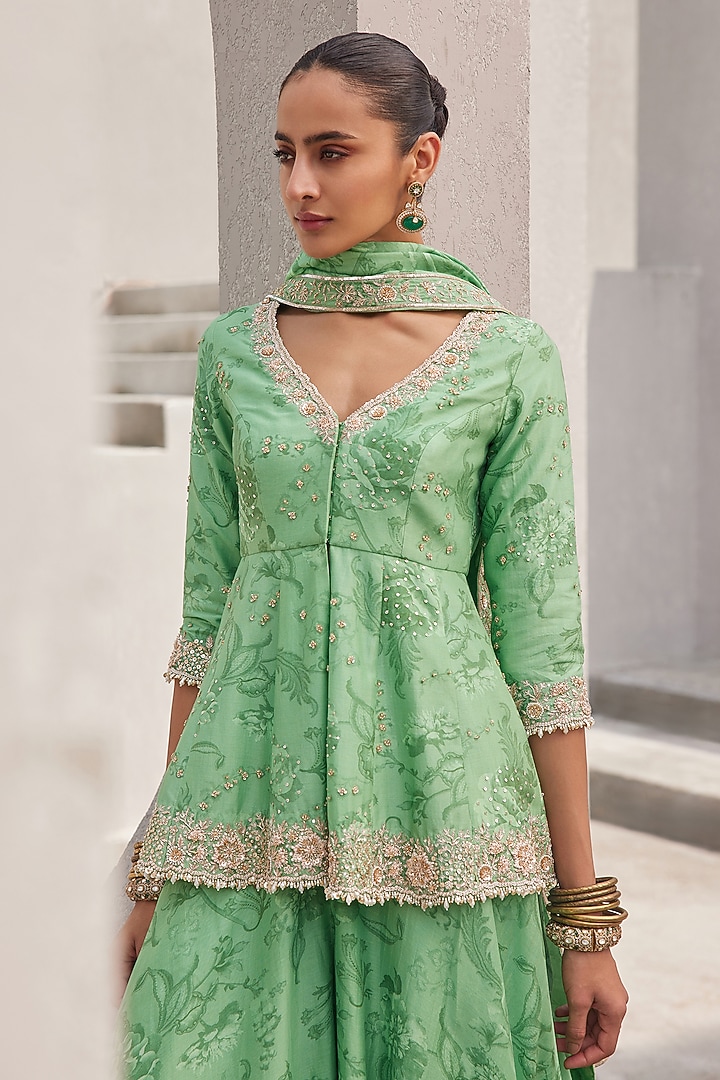 Pista Green Pure Silk Chanderi Floral Printed Wedding Sharara Set by Sana Barreja at Pernia's Pop Up Shop