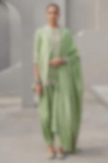 Pista Green Pure Dupion Silk Hand Embroidered Kurta Set by Sana Barreja at Pernia's Pop Up Shop