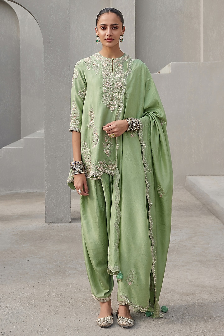 Pista Green Pure Dupion Silk Hand Embroidered Kurta Set by Sana Barreja at Pernia's Pop Up Shop