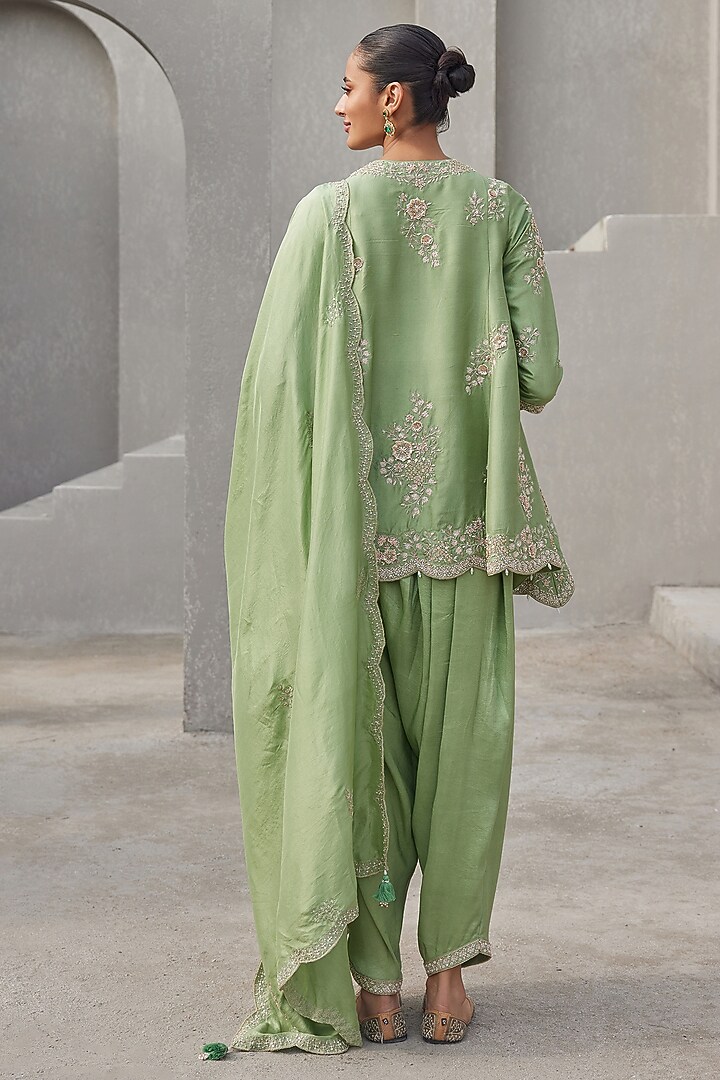 Pista Green Pure Dupion Silk Hand Embroidered Kurta Set by Sana Barreja at Pernia's Pop Up Shop