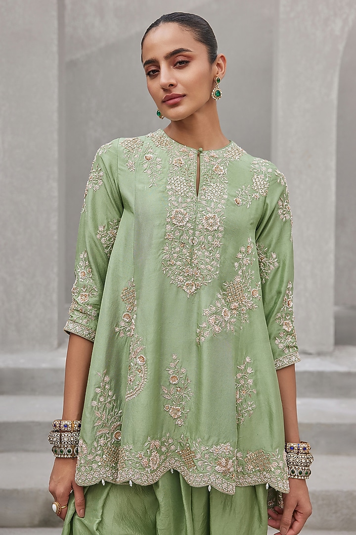 Pista Green Pure Dupion Silk Hand Embroidered Kurta Set by Sana Barreja at Pernia's Pop Up Shop