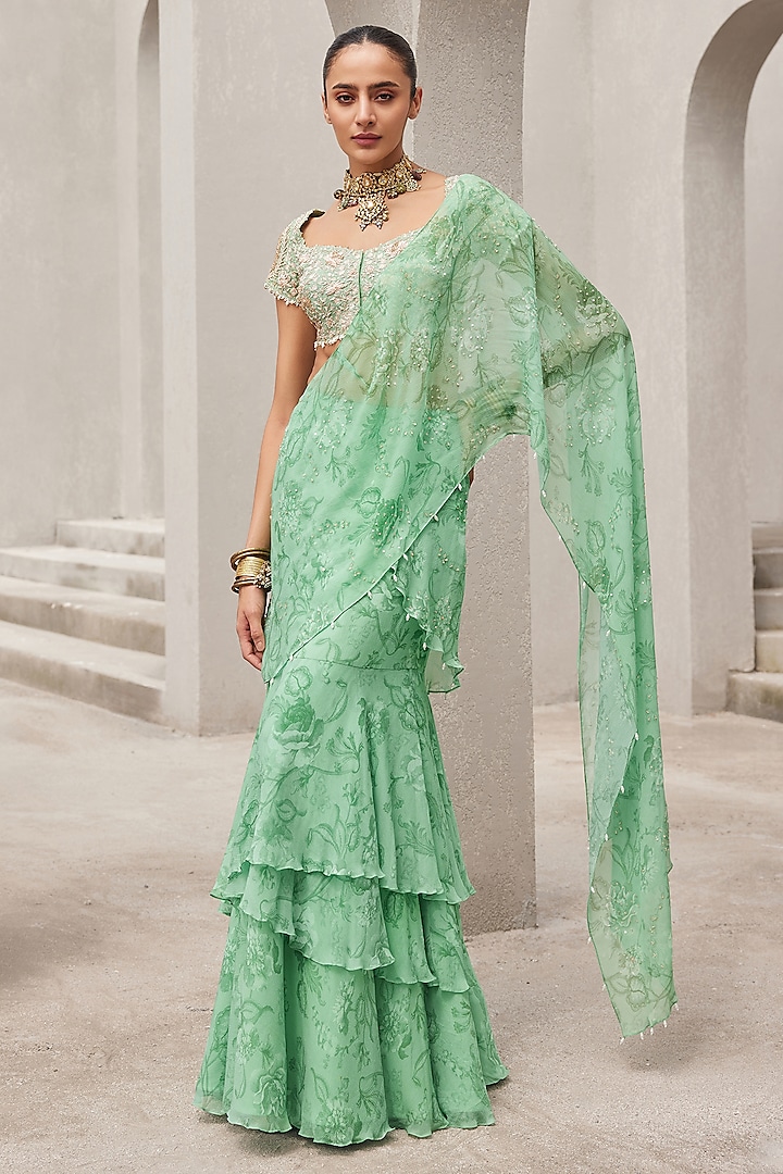 Pista Green Chiffon Floral Printed Pre-Draped Ruffled Saree Set by Sana Barreja at Pernia's Pop Up Shop