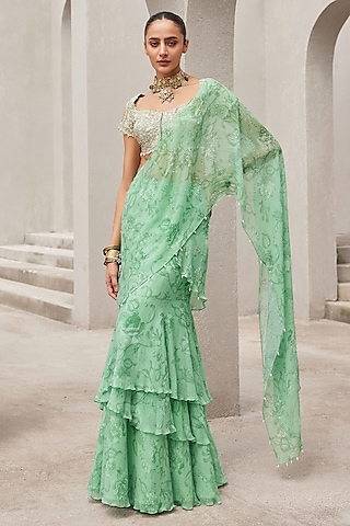 Pista Green Chiffon Floral Printed Pre-Draped Ruffled Saree Set by Sana Barreja