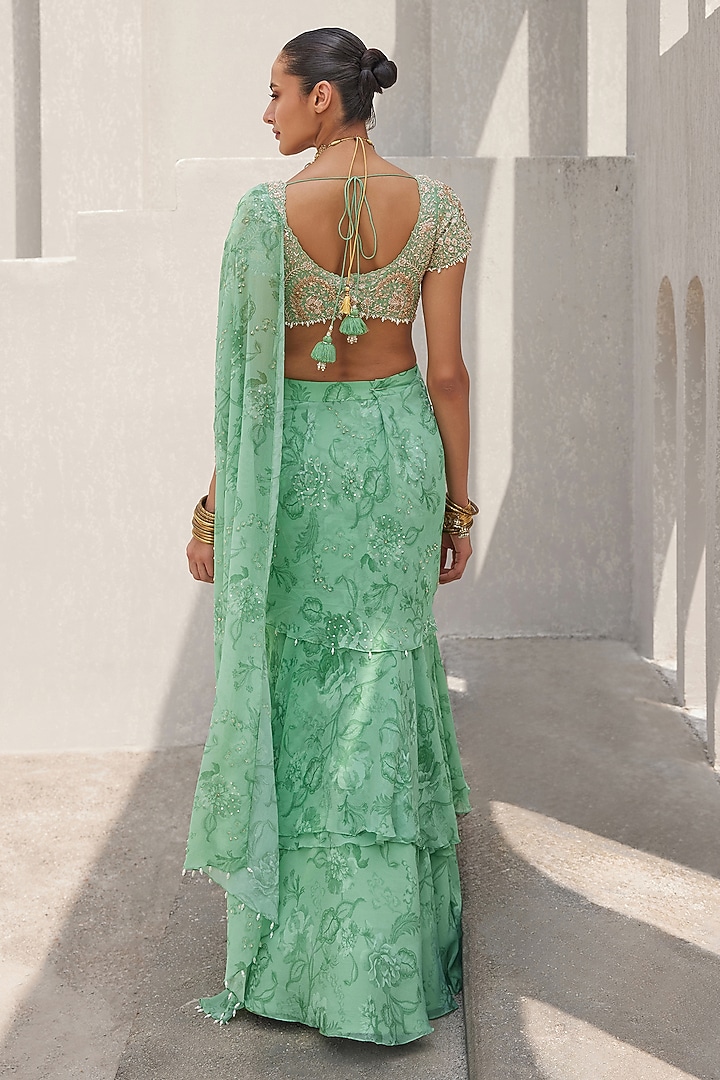 Pista Green Chiffon Floral Printed Pre-Draped Ruffled Wedding Saree Set by Sana Barreja at Pernia's Pop Up Shop