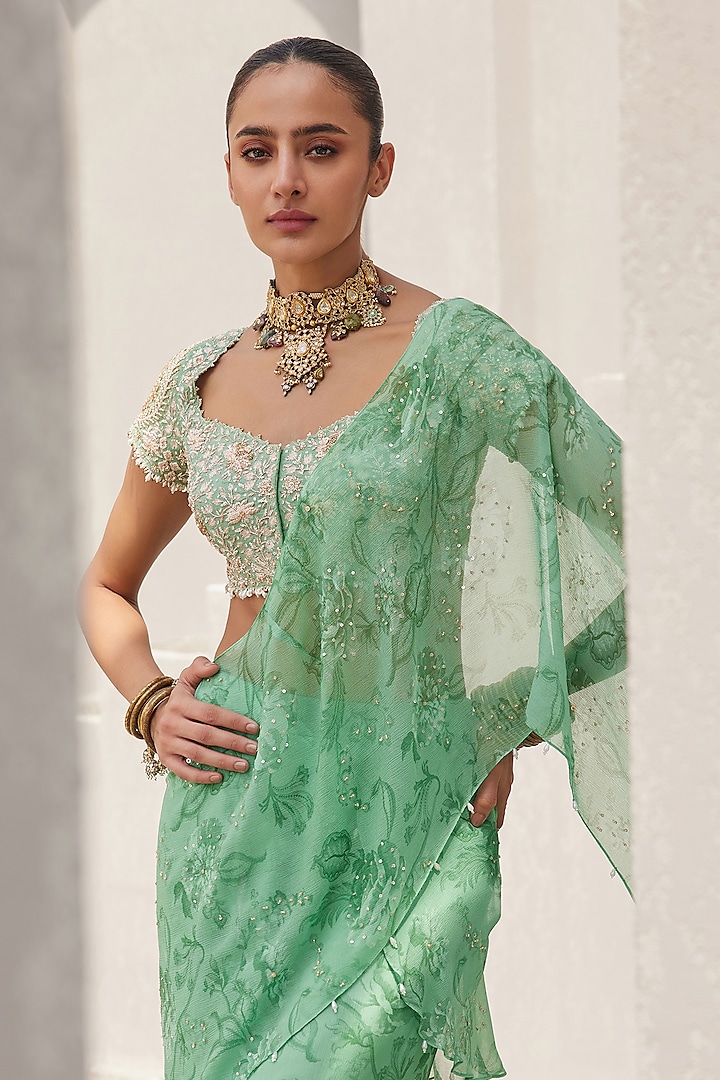 Pista Green Chiffon Floral Printed Pre-Draped Ruffled Wedding Saree Set by Sana Barreja at Pernia's Pop Up Shop