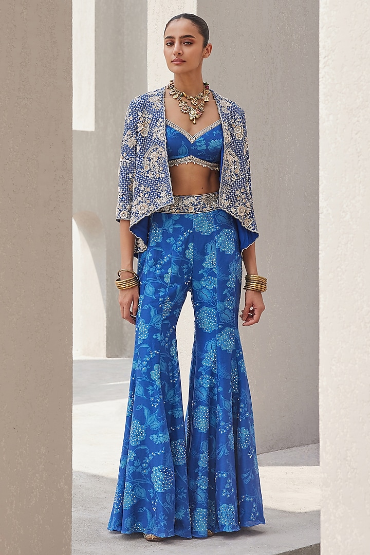 Cobalt Blue Pure Chanderi Silk Hand Embroidered Jacket Set by Sana Barreja at Pernia's Pop Up Shop