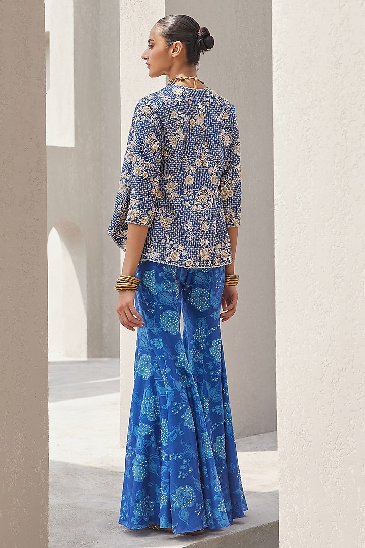 Cobalt Blue Pure Chanderi Silk Hand Embroidered Jacket Set by Sana Barreja at Pernia's Pop Up Shop