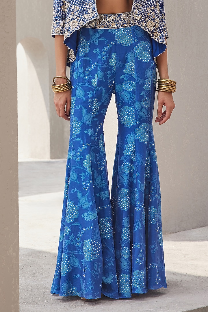 Cobalt Blue Pure Chanderi Silk Hand Embroidered Jacket Set by Sana Barreja at Pernia's Pop Up Shop
