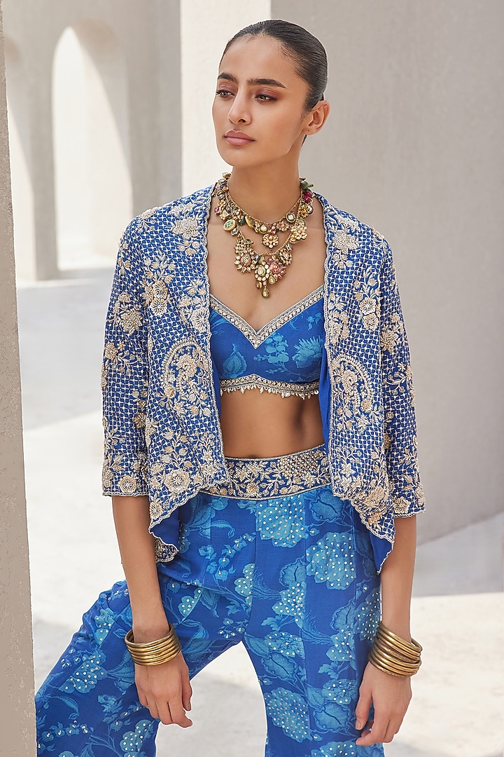 Cobalt Blue Pure Chanderi Silk Hand Embroidered Jacket Set by Sana Barreja at Pernia's Pop Up Shop