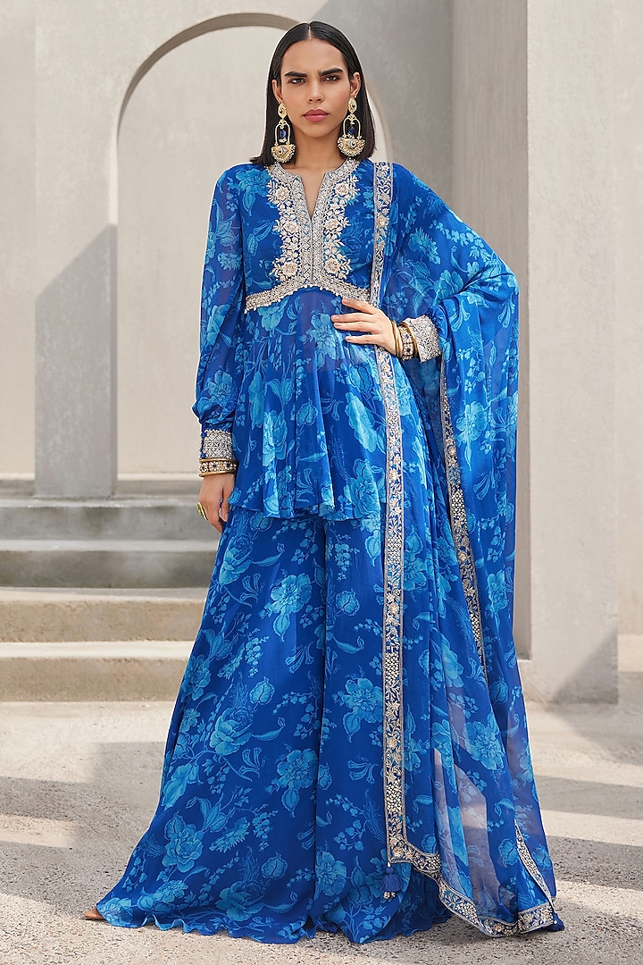 Cobalt Blue Georgette Floral Printed Sharara Set by Sana Barreja at Pernia's Pop Up Shop