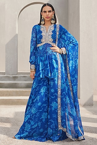 Cobalt Blue Georgette Floral Printed Sharara Set by Sana Barreja