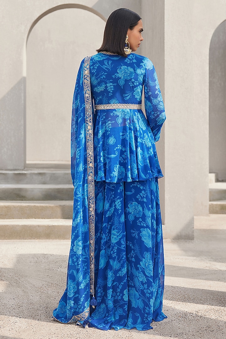 Cobalt Blue Georgette Floral Printed Wedding Sharara Set by Sana Barreja at Pernia's Pop Up Shop