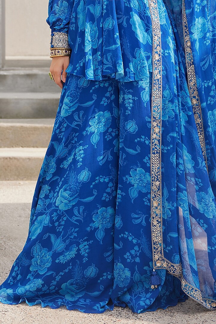 Cobalt Blue Georgette Floral Printed Wedding Sharara Set by Sana Barreja at Pernia's Pop Up Shop