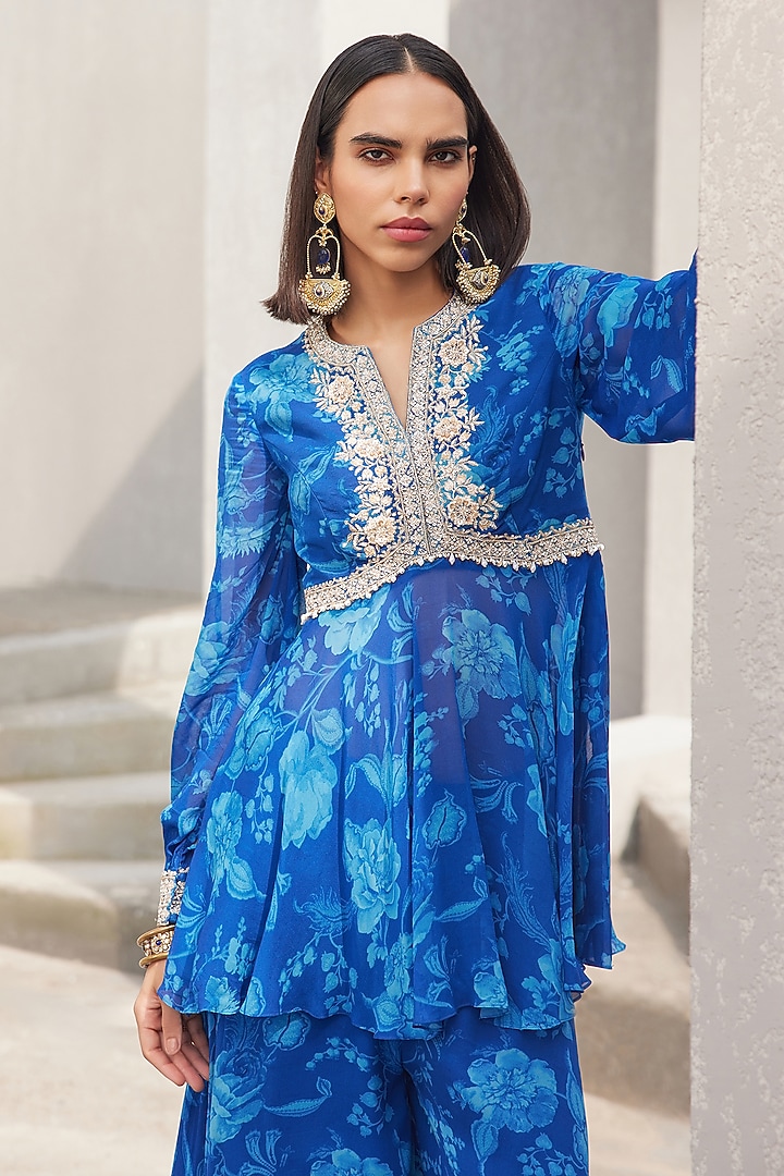 Cobalt Blue Georgette Floral Printed Wedding Sharara Set by Sana Barreja at Pernia's Pop Up Shop