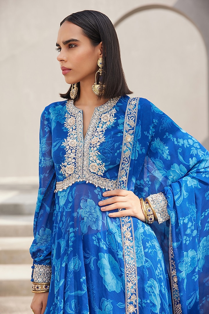 Cobalt Blue Georgette Floral Printed Wedding Sharara Set by Sana Barreja at Pernia's Pop Up Shop