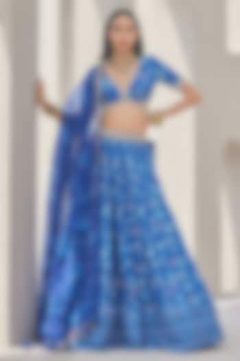 Cobalt Blue Pure Chanderi Silk Floral Printed & Embroidered Wedding Lehenga Set by Sana Barreja at Pernia's Pop Up Shop