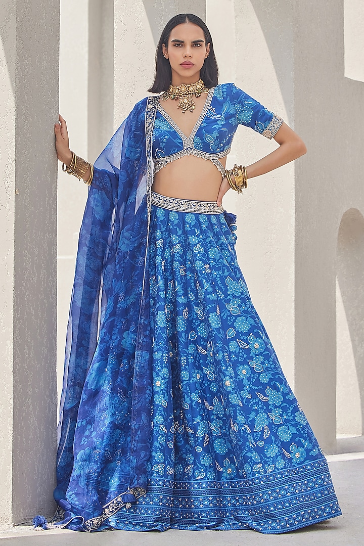 Cobalt Blue Pure Chanderi Silk Floral Printed & Embroidered Wedding Lehenga Set by Sana Barreja at Pernia's Pop Up Shop