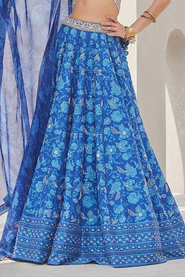 Cobalt Blue Pure Chanderi Silk Floral Printed & Embroidered Wedding Lehenga Set by Sana Barreja at Pernia's Pop Up Shop
