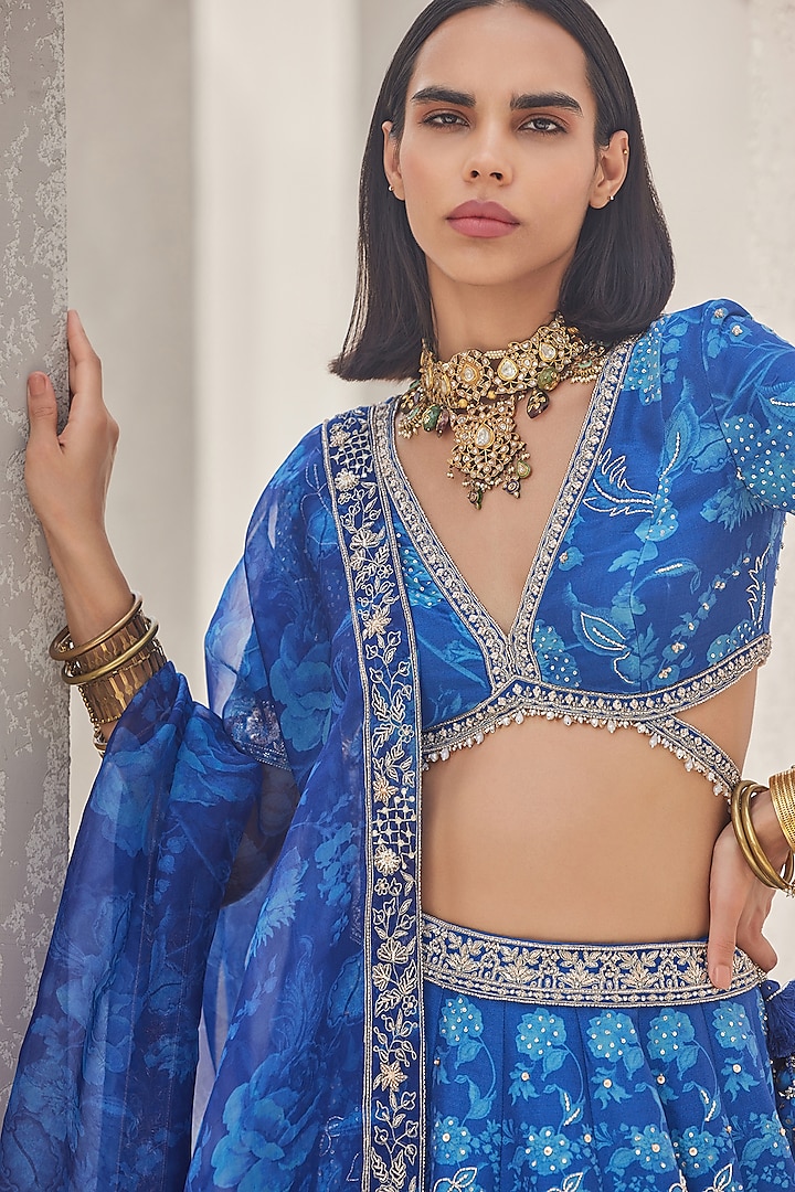 Cobalt Blue Pure Chanderi Silk Floral Printed & Embroidered Wedding Lehenga Set by Sana Barreja at Pernia's Pop Up Shop