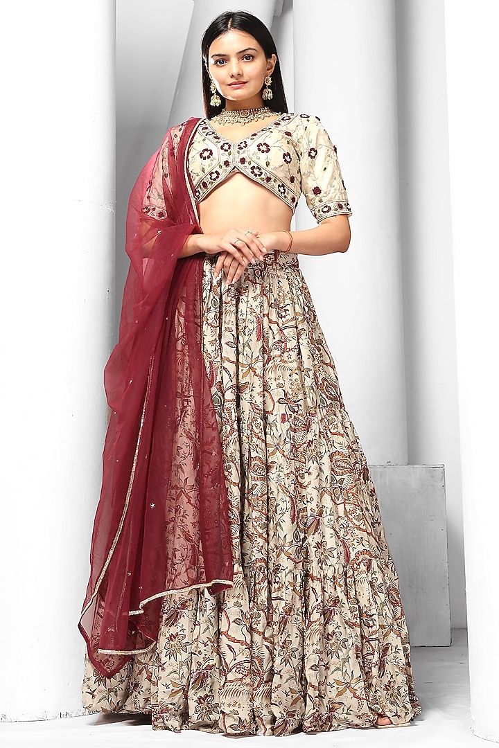 Ivory Printed Flared Lehenga Set by Saangi