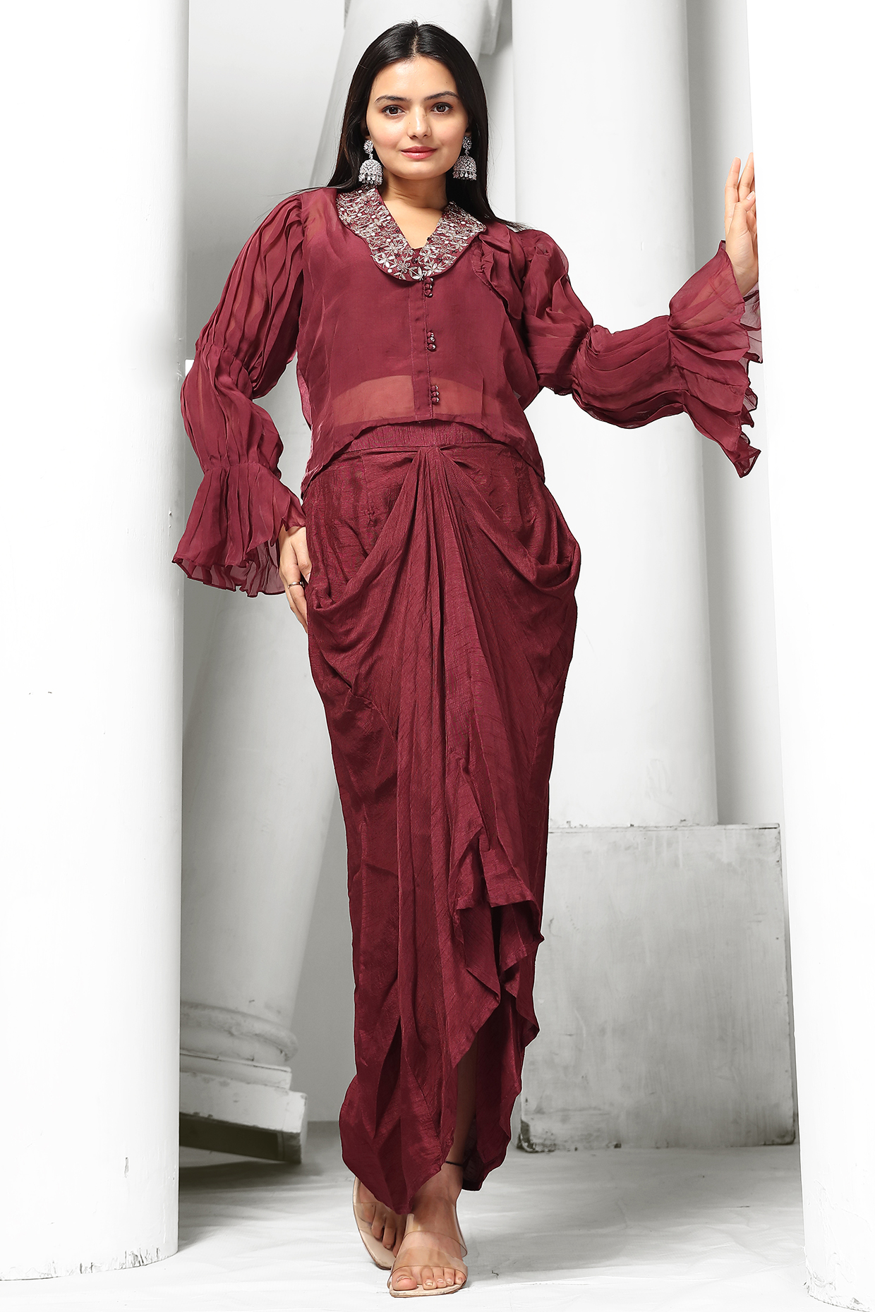 Maroon Organza Draped Skirt Set by Saangi