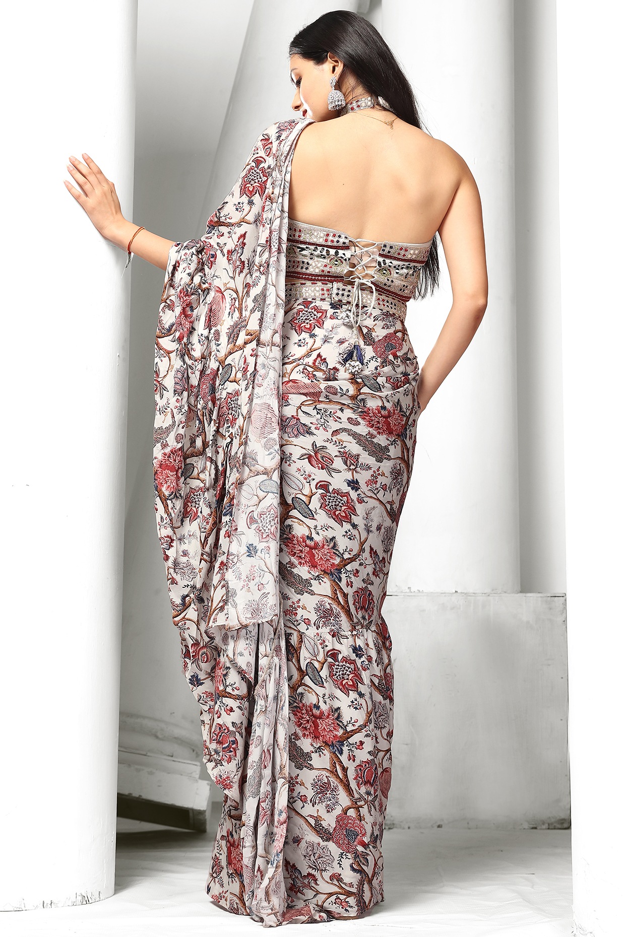 Jacobean Dual Printed Ruffle Saree Paired With Laser Mirror-Cut Blouse -  Juhi Bengani - East Boutique