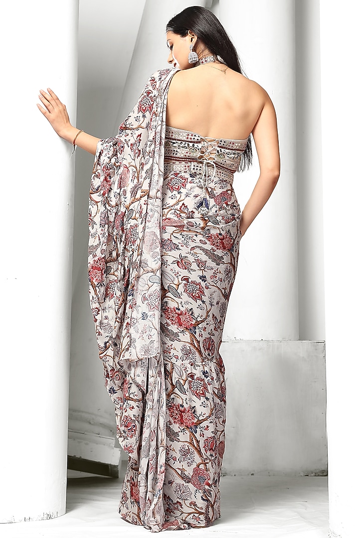 White Printed Pre-Draped Ruffle Party Wear Saree Set by Saangi at Pernia's Pop Up Shop